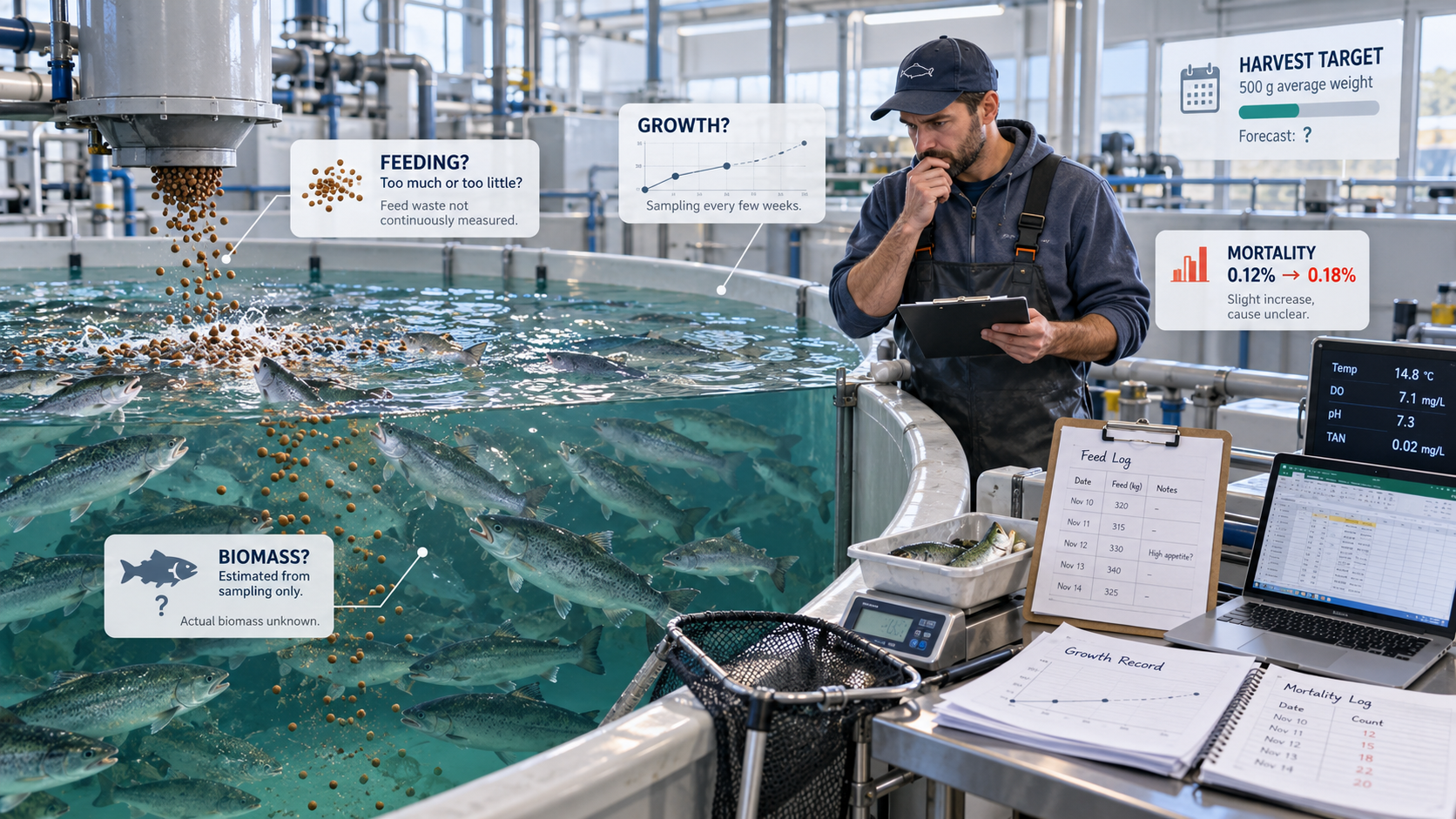 Manual aquaculture operations and guesswork with spreadsheets and clipboards