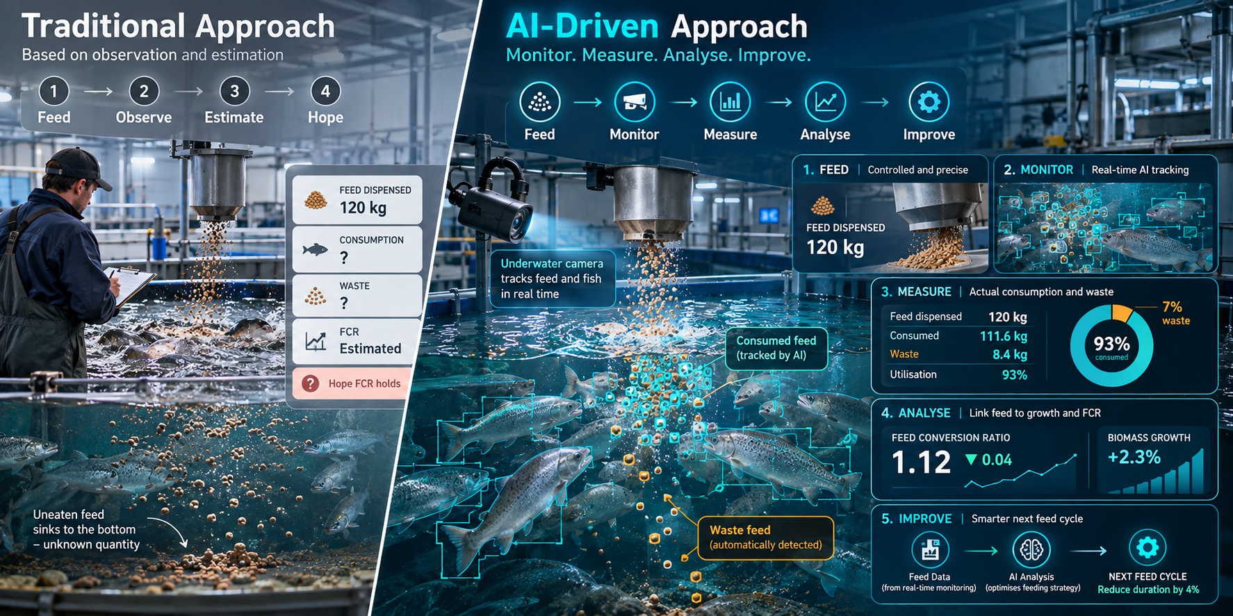 Traditional feeding approach vs AquaFarm360 AI-driven feeding approach comparison