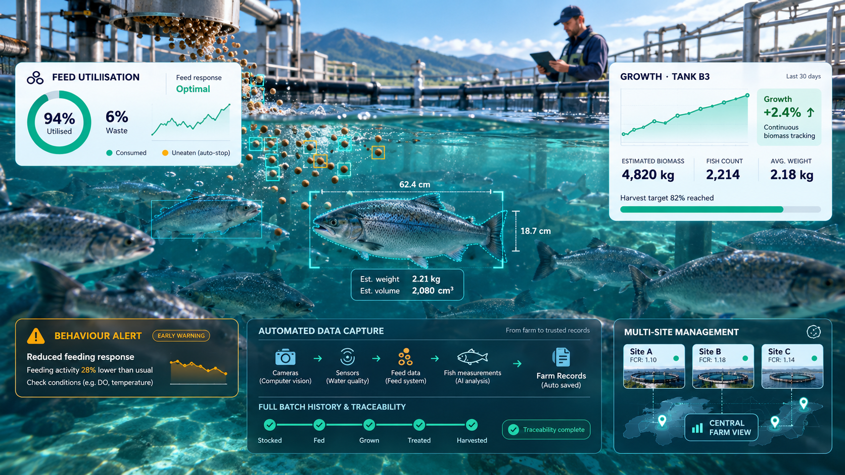 AquaFarm360 Central Command with feed utilisation, batch tracking and multi-site management