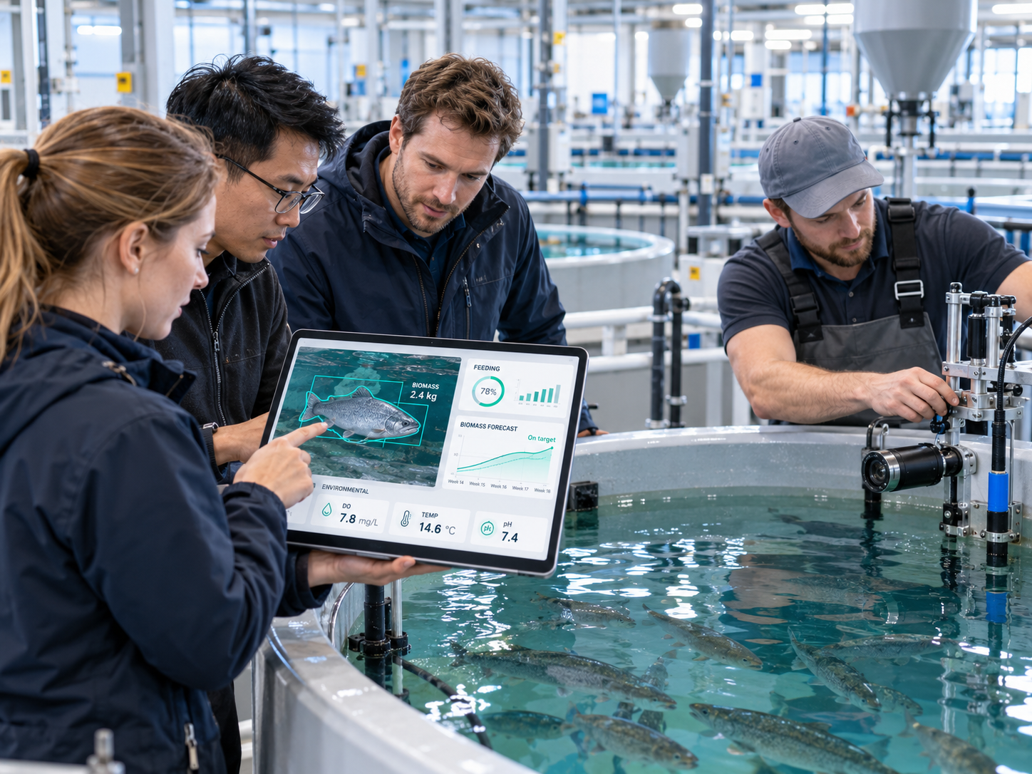 Brain Innovation Ltd engineers deploying AquaFarm360 AI camera technology in commercial aquaculture facilities